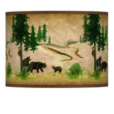 13 1/2" across the top x 13 1/2" across the bottom x 10" high. Bear Lodge exclusive lamp shade pattern based on original artwork. Ideal for rustic or western style rooms. From the Giclee Glow brand. Custom made-to-order drum shade is giclee printed on canvas material with archival inks. Shade printing process U.S. Patent # 7,347,593. Chrome finish spider fitting, harp, and round ball finial. The correct size harp and a finial is included free with this shade.  Set a dramatic tone with this handsome Bear Lodge patterned lamp shade. The shade is printed giclee style and is custom made-to-order. The correct size harp and matching finial are included free with this shade. Chrome finish spider fitter. Drum shape shade. Shade printing process U.S. Patent # 7,347,593.  Shop all Giclee Glow Cabin Lamps, Painting Lamp Shades, Small Table Lamp, Rustic Lodge, Fan Lamp, Drum Lampshade, Chandelier Ceiling Lights, Fresh Design, Harp