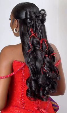 Black Christmas Hairstyles, Curly Ponytail Outfit, Christmas Wig Hairstyles, Christmas Hair Photoshoot Ideas, Christmas Pictures Hairstyles, Christmas Hairstyles Black Women, Pagent Hair Ideas Updo, Crazy Hair Christmas Ideas, Bell Hairstyle Disney