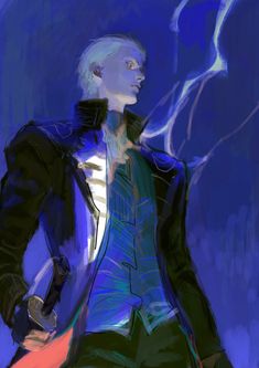 a digital painting of a man with white hair in a black jacket and blue shirt