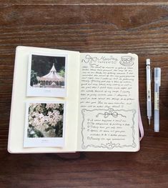 an open book with pictures and writing on it sitting next to a fountain pen, pens and ink