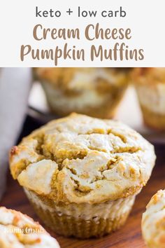 maple cream cheese pumpkin muffins keto low carb recipe with text overlay