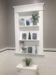 a white toilet sitting in a bathroom next to a shelf filled with potted plants