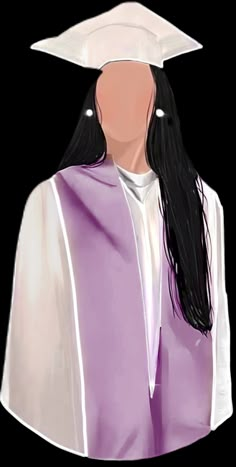 a drawing of a woman wearing a purple graduation gown and white cap with long black hair