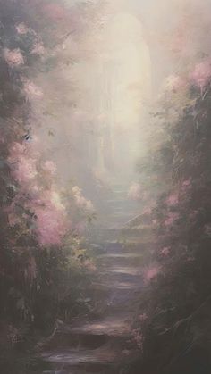 a painting of a path in the middle of a forest with pink flowers on it