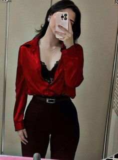 Red Satin Party Blouse, Lilith In Scorpio Outfits, Elegant Red Satin Blouse, Chic Red Satin Blouse, Elegant Satin Tops For Party Season, Vampire Core Aesthetic Outfits, Dark Femme Aesthetic Outfits, Bold Outfits For Women, Bar Tender Outfit Women