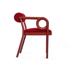 a red chair with a circular back and arms