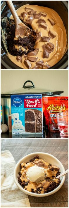 two pictures showing different types of desserts in the same pan, one with ice cream and