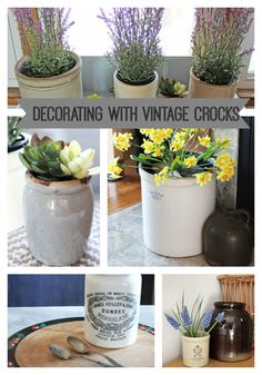 several different types of planters with flowers in them and the words decorating with vintage crocks