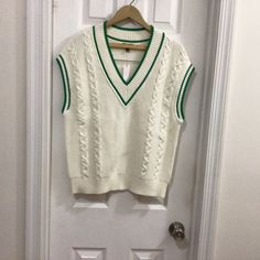 Authentic Ladies Talbots Sweater Vest Medium New With Tags White With Green Accent White Retro Sweater Vest For Fall, Retro White Sweater Vest For Fall, White Fitted Retro Sweater Vest, Trendy White Winter Sweater Vest, Trendy White Sweater Vest, Trendy White Sweater Vest For Spring, Talbots Sweater, Vest White, Green Accents