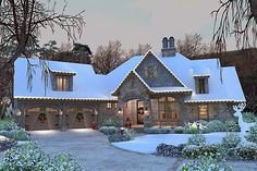 this is an artist's rendering of a house in the winter with snow on the ground