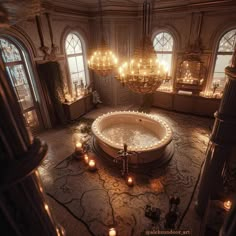 an ornate bathroom with chandeliers and candles