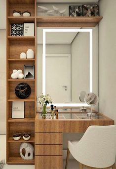 a desk with a mirror and some shelves