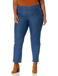 PRICES MAY VARY. Stretch denim Comfortable flat elastic waist Slash front pocket Leaner leg opening Available in petite sizes Denim Bottoms With Pull-on Style For Fall, Fall Denim Bottoms With Pull-on Style, Fall Denim Jeans With Pull-on Style, Lean Legs, Elastic Waist Jeans, Comfy Jeans, Queen Fashion, Pull On Jeans, Curvy Jeans