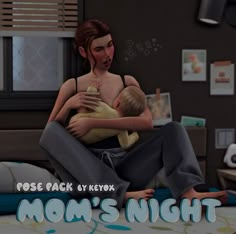 a woman sitting on top of a bed holding a baby in her arms and the words mom's night written below it