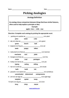 a worksheet for picking analogies