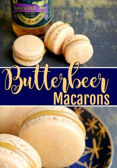 butterbeeer macaroons are sitting on a plate next to a bottle of macaroni and cheese