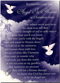 a poem written in blue with white doves flying over clouds and the words,'christmas