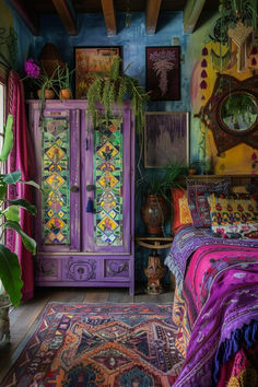 Capture the vibrant spirit of a festival with bold lavender patterns and eclectic decor. Mix and match different textures and exotic accessories to bring the festival vibe indoors, perfect for a chic bedroom. Imagine a room filled with vibrant lavender textiles, colorful patterns, and eclectic decor that create a lively and dynamic atmosphere. The mix of bold colors and unique accessories brings the energy and excitement of a festival to your space. Explore more festival-inspired bedroom designs and turn your bedroom into a lavender festival spirit haven. Calming Bedroom Decor, Bohemian Bedroom Ideas, Lavender Boho Bedroom, Diy Eclectic Decor, Maximalist Decor Bedroom, Lavender Bedding, Bohemian Bedroom Design, Lavender Decor, Bohemian Style Decor