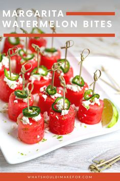 mini watermelon bites on a white plate with toothpicks