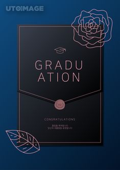 an image of graduation stationery on a blue background with flowers and leaves in the corner