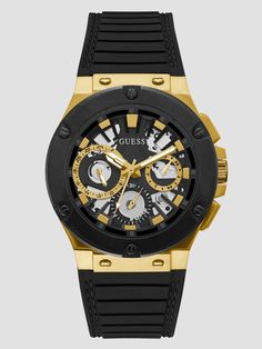 An everyday extra that elevates. This black watch features a gold-tone lug, multifunction dials, exposed gears, a textured bezel and a silicone band. Guess Men, Stylish Watches, Silicon Bands, Mens Gold, Gold Case, Wristwatch Men, Black Watch, Casio Watch, Chronograph Watch