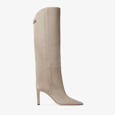 ALIZZE KB 85 | Taupe Suede Knee-High Boots | Autumn Collection | JIMMY CHOO CA Luxury Designer Knee-high Boots, Purple High Heels, Jimmy Choo Boots, Suede Boots Knee High, Trainer Heels, Pointed Toe Boots, Shoes Luxury, Autumn Collection, Knee Boot