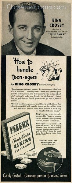 an old advertisement for flees gum from the 1950's, featuring a smiling man