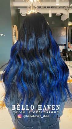 Black Hair Color Extensions, Blue Tape In Hair Extensions, Blue And Black Hair Extensions, Black Hair Blue Extensions, Blue Black Hair Extensions, Black Hair With Blue Extensions, Long Black And Blue Hair, Black Hair With Blue Highlights Long, Blue Halo Hair Color