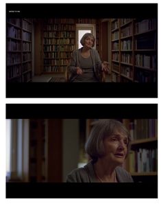 an older woman sitting in front of a bookshelf