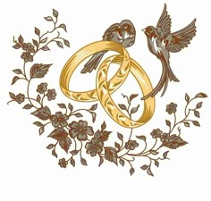 two wedding rings with birds on them surrounded by flowers and leaves in the shape of an intertwined ring