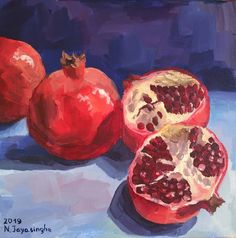 a painting of pomegranates on a blue background