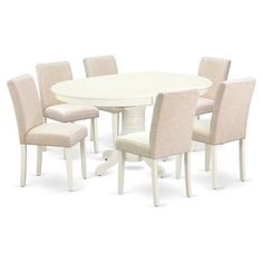 East West Furniture - Dining Sets - AVAB7LWH02 - The AVAB7-LWH-2 kitchen dinette set brings an affectionate family feeling in the kitchen space. A comfy and luxurious Linen White color offers any dining area a relaxing and friendly feel with the medium dinette table. The oval shaped dining table features a pedestal base that will furnish your dining area with a sophisticated look. This well-designed and comfortable kitchen table may be used for hours at a time. This spectacular slick kitchen table makes a really good addition for all kitchen space and corresponds all sorts of dining-room concepts. No heat treated pressured wood like MDF, particle board or veneer top fabricated. This simple but charming Parson chair will add ambiance and style to your dining-room. Give your home a pop of ch Oval Kitchen Table, Dinette Table, Kitchen Table Set, Dinette Tables, Solid Wood Dining Set, Dinette Sets, Dining Room Table Set, 7 Piece Dining Set, Table Color