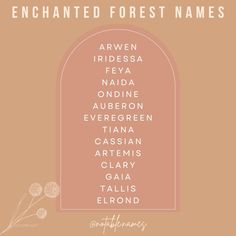 an arch with the names of different forest names in white and pink, against a peach background