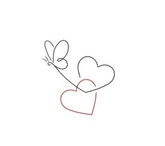 two hearts and a butterfly on a white background with the word love written in red