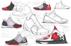 sketches of different shoes with the names r and person on each shoe, from top to bottom