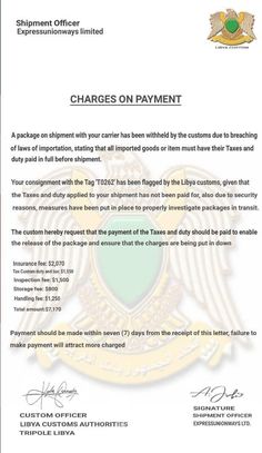 a letter from the government requesting that charges are not allowed to pay for their payment