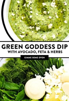 green goddess dip with avocado, feta and herbs in a white bowl