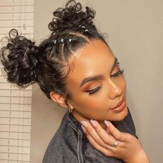 Space Buns with Braids and Twists Twisted Space Buns, Bandana Space Buns, Short Curly Hairstyles Space Buns, Hairstyles For Medium Length Hair Space Buns, Space Buns With Tinsel, Spacebuns Hairstyles Curly Hair, Space Buns With Curly Hair, Fancy Space Buns, Rave Spacebuns