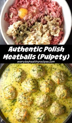 Top down view of meatball ingredients in bowl and Polish meatballs in sauce. Finnish Meatballs, Polish Ground Beef Recipes, Polish Burgers, Polish Comfort Food, Polish Onion Rolls, Polish Meatballs And Gravy, Polish Meals Traditional, Polish Dishes Recipes, Polish Food Recipes Authentic