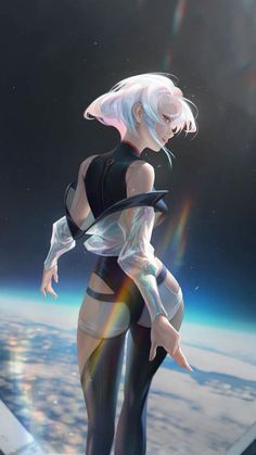 an anime character with white hair standing in front of the earth and looking at the sky