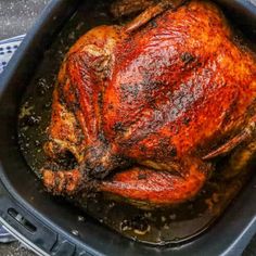 a roasted turkey in a roasting pan