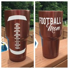 two shots of a football mom and dad's day cup on a table outside