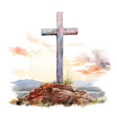 a watercolor painting of a cross on top of a hill