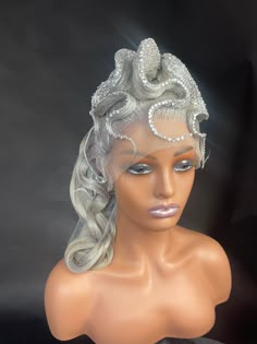 "This custom unit made using a 22\" 13*4 lace front wig 22\" circumference and 1 pc 20\" bundle. It is transparent lace. It is custom colored to an ash blonde silver. And we use high end Lux Austrian Crystals to make a rich statement for your special event. Don't worry, the stones and waves are secured and won't fall off. You doubt will definitely make a statement with this piece." Rhinestone Wig, Medusa Wig, Silver Wig, Wig Design, Mermaid Wig, Silver Wigs, Blonde Silver, Cool Hair Designs, Drag Wigs