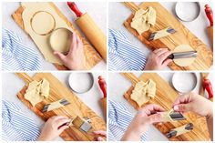 the process of making pie dough on a wooden cutting board with rolling pin and knife