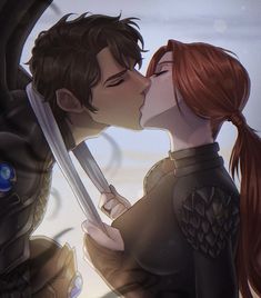 two people kissing each other with swords in their hands