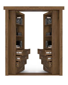 an open wooden bookcase with drawers and books on the shelves, in front of a white background