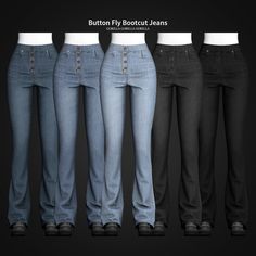 four pairs of jeans with buttons on the bottom and side, all in different colors