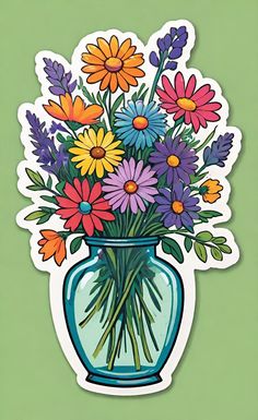 a blue vase filled with colorful flowers on top of a green background and white sticker