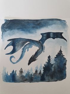 a watercolor painting of a dragon flying over trees